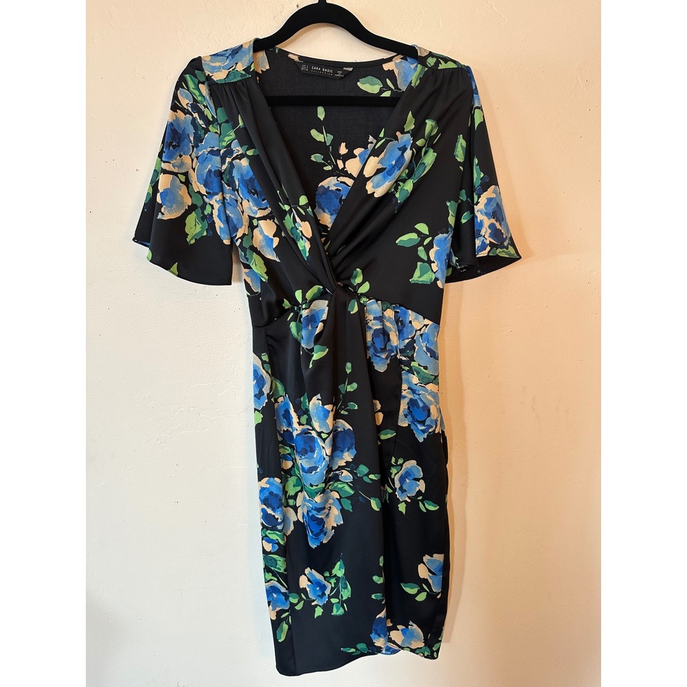 Zara Basic Black Blue Floral Twist Front V-Neck Flutter Sleeve Sheath Dress S